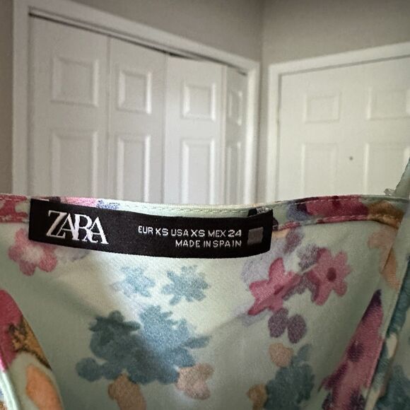 ZARA Romantic Floral Print Midi Side-Tie Satin Slip Dress XS Baby Blue - Picture 9 of 13